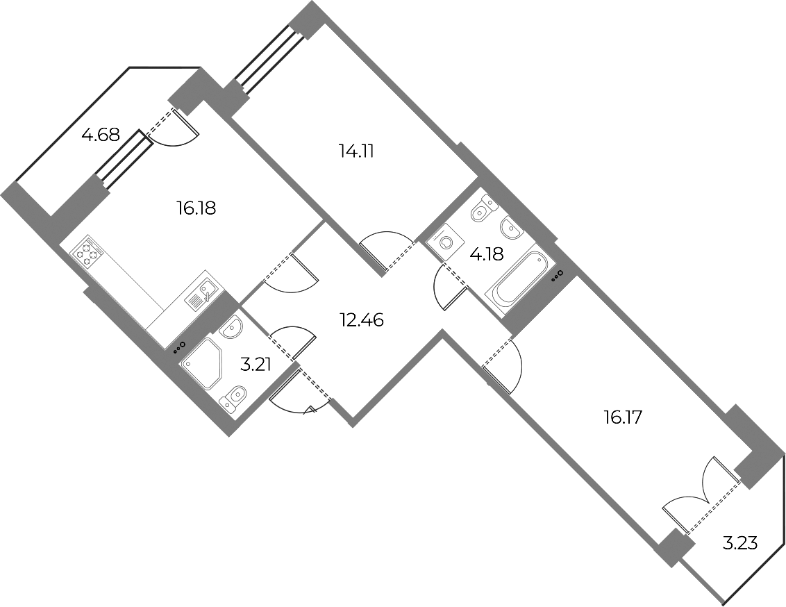 2-комнатная квартира 69.62 м², 13/13 эт., ЖК «Огни Залива»